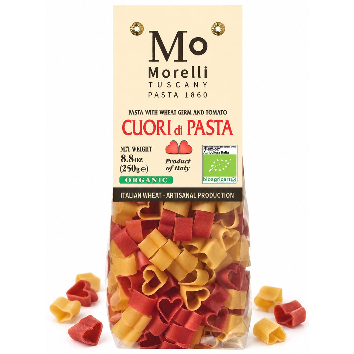 Organic Cuori Heart Pasta, Tricolor, Bronze Cut - 8.8 oz - By Morelli