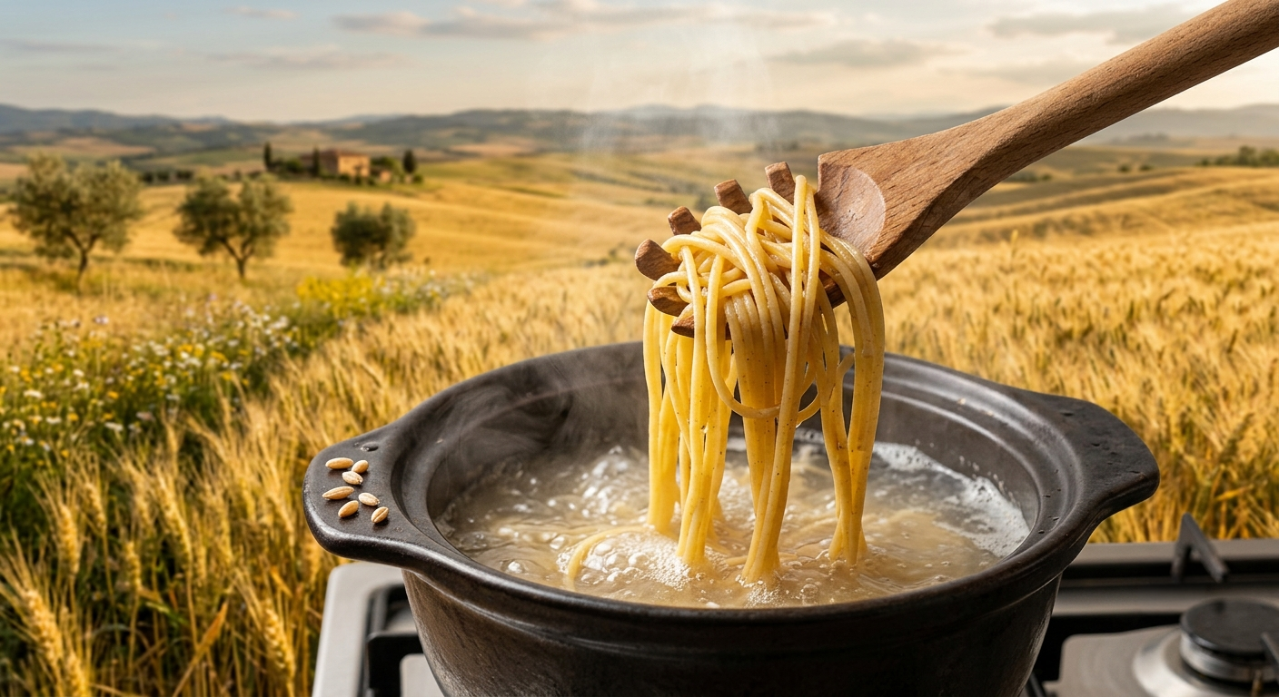 Pasta being lifted from a pot with a wooden spoon against a scenic background of rolling hills.