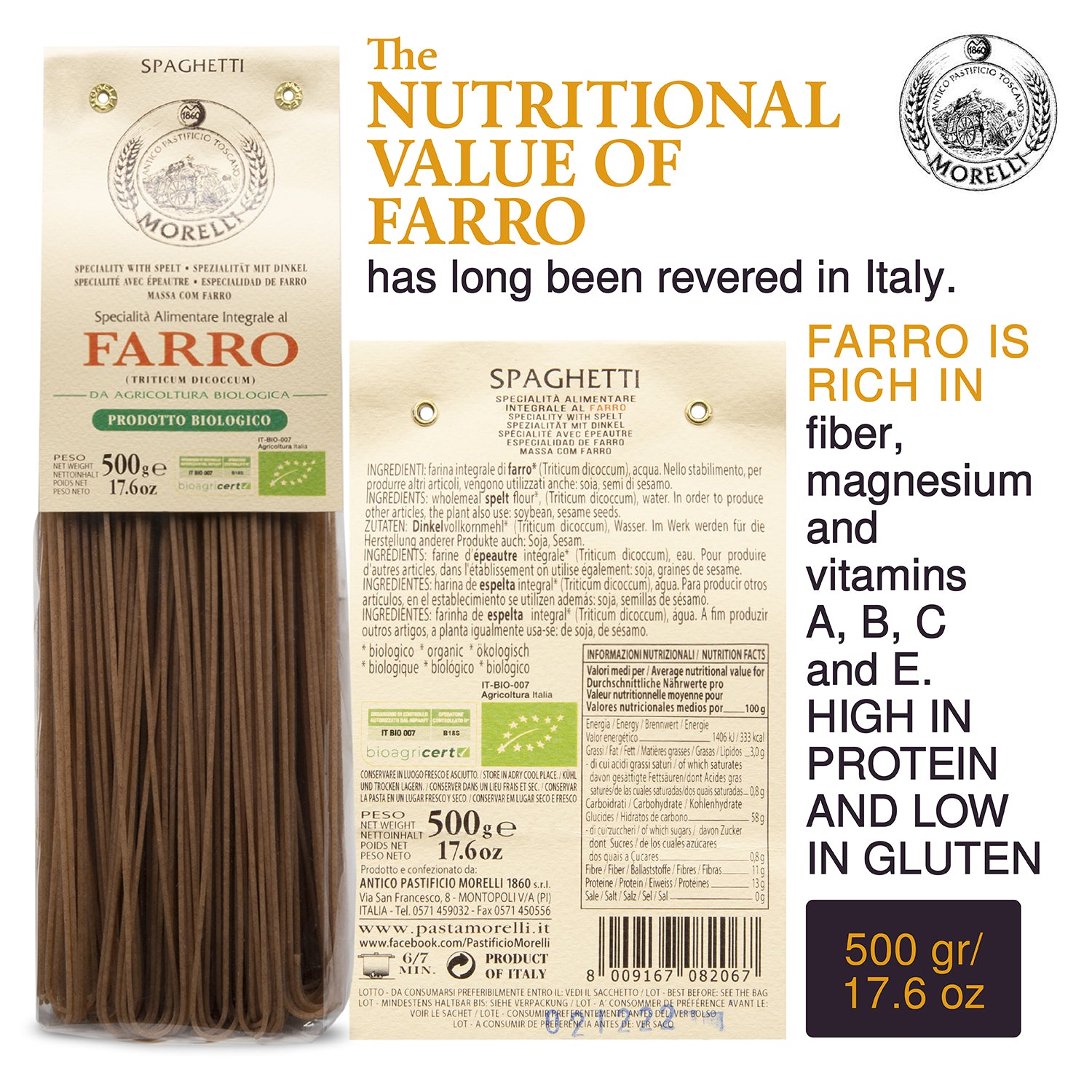 Pasta Farro Organic Spelt Spaghetti with Wheat Germ 250g Morelli Pasta