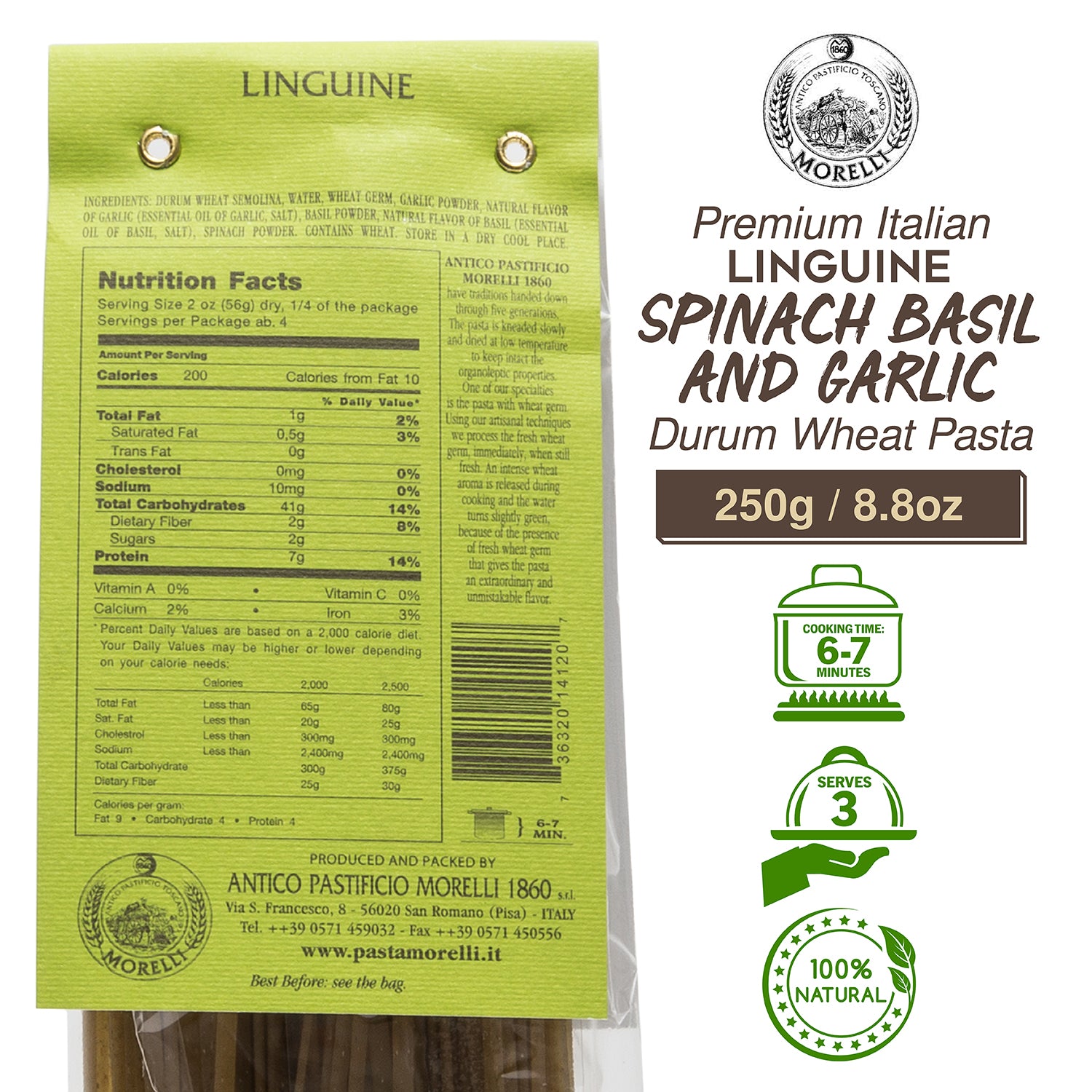 Aglio e Basilico Garlic and Basil Linguine, 8.8oz (250g) Morelli Pasta
