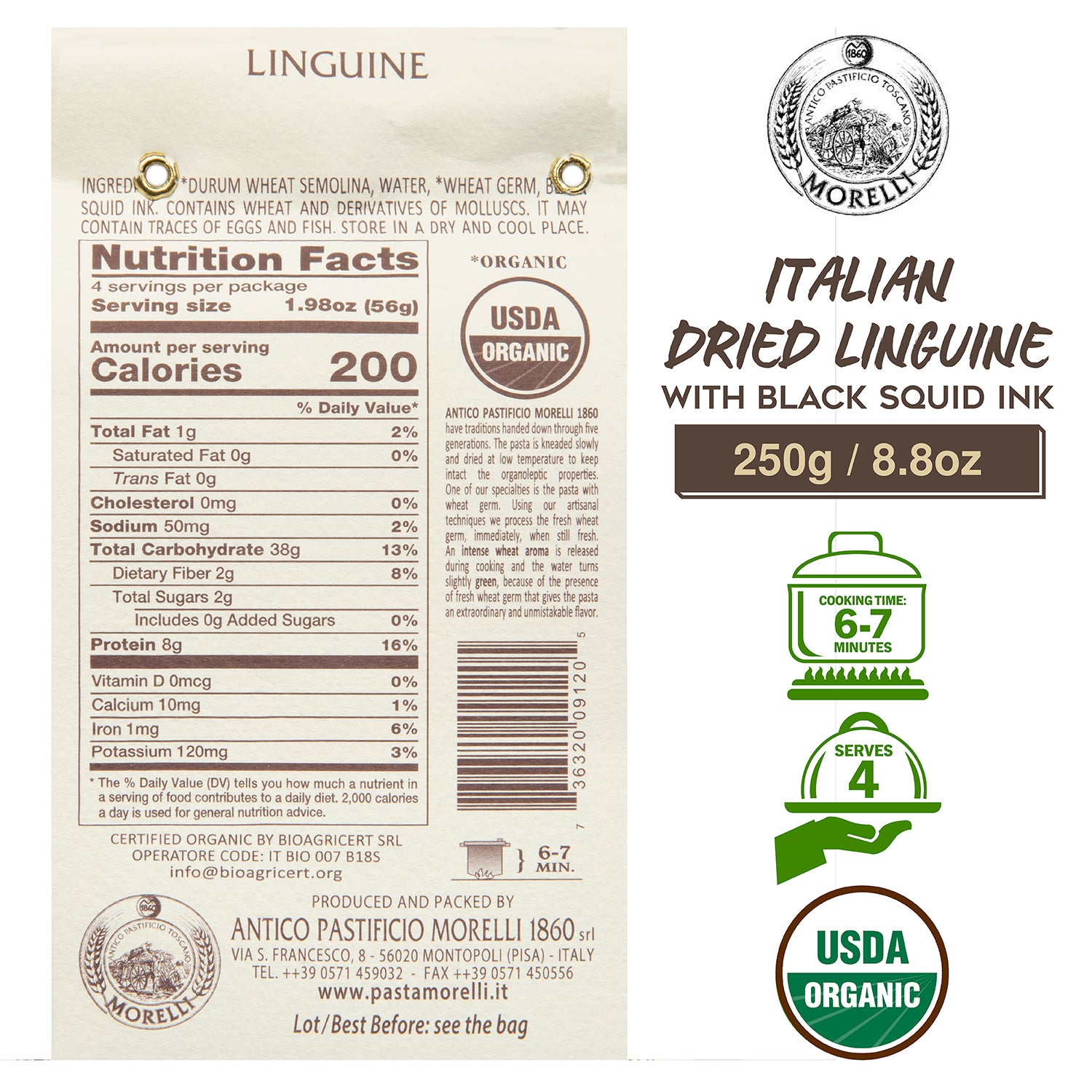Organic Linguine Pasta with Squid Ink 8.8oz/250g Morelli Pasta