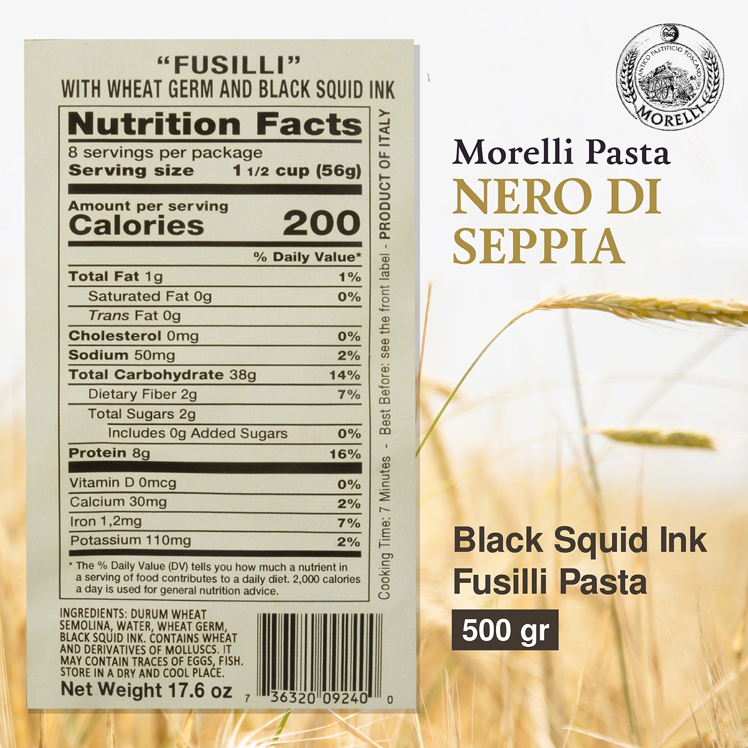 Pasta Nero Di Seppia Black Squid Ink Fusilli, 500g Morelli Pasta