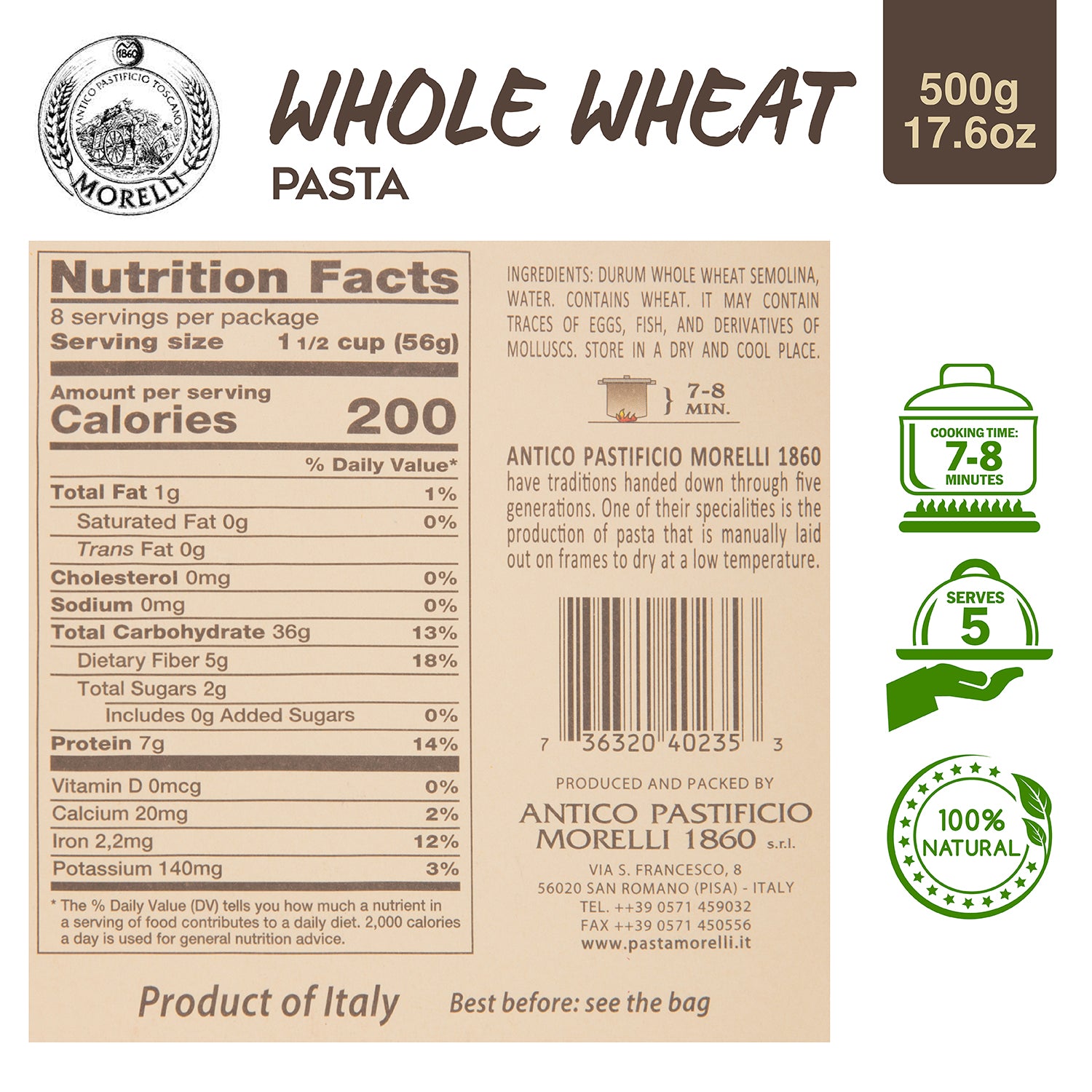 Penne Integrali Whole Wheat Pasta 17.6oz / 500g Morelli Pasta