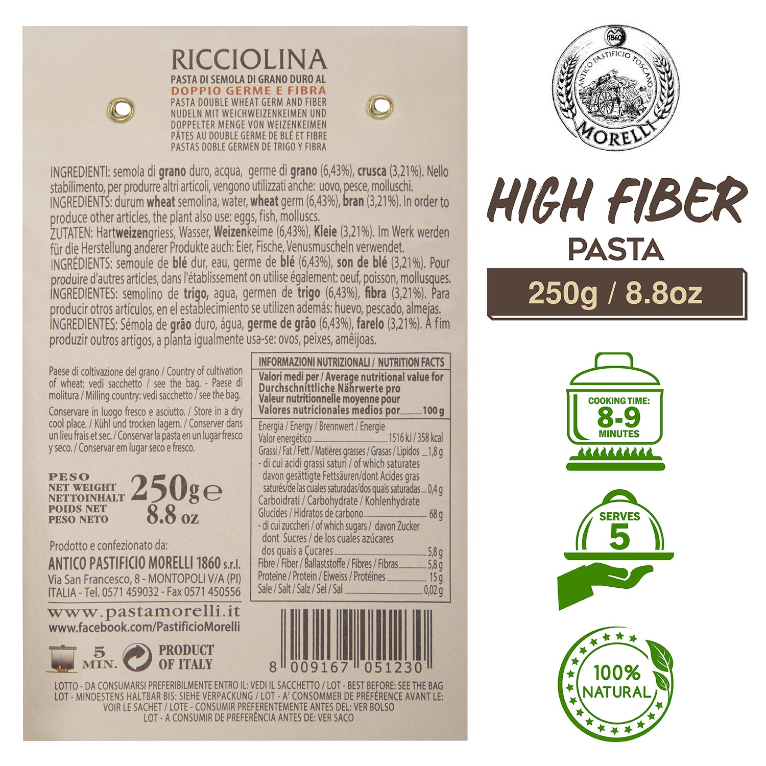 Ricciolina Pasta with Bran High Fiber Pasta 8.8oz / 250g Morelli Pasta