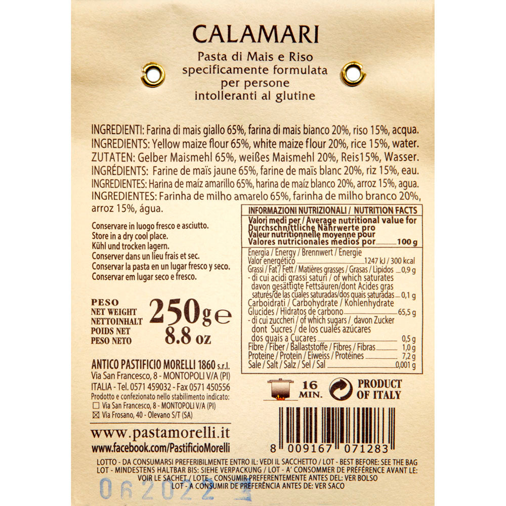 Riso e Mais Calamari Pasta Made with Rice and Corn, Gluten Free 8.8oz/250g Morelli Pasta