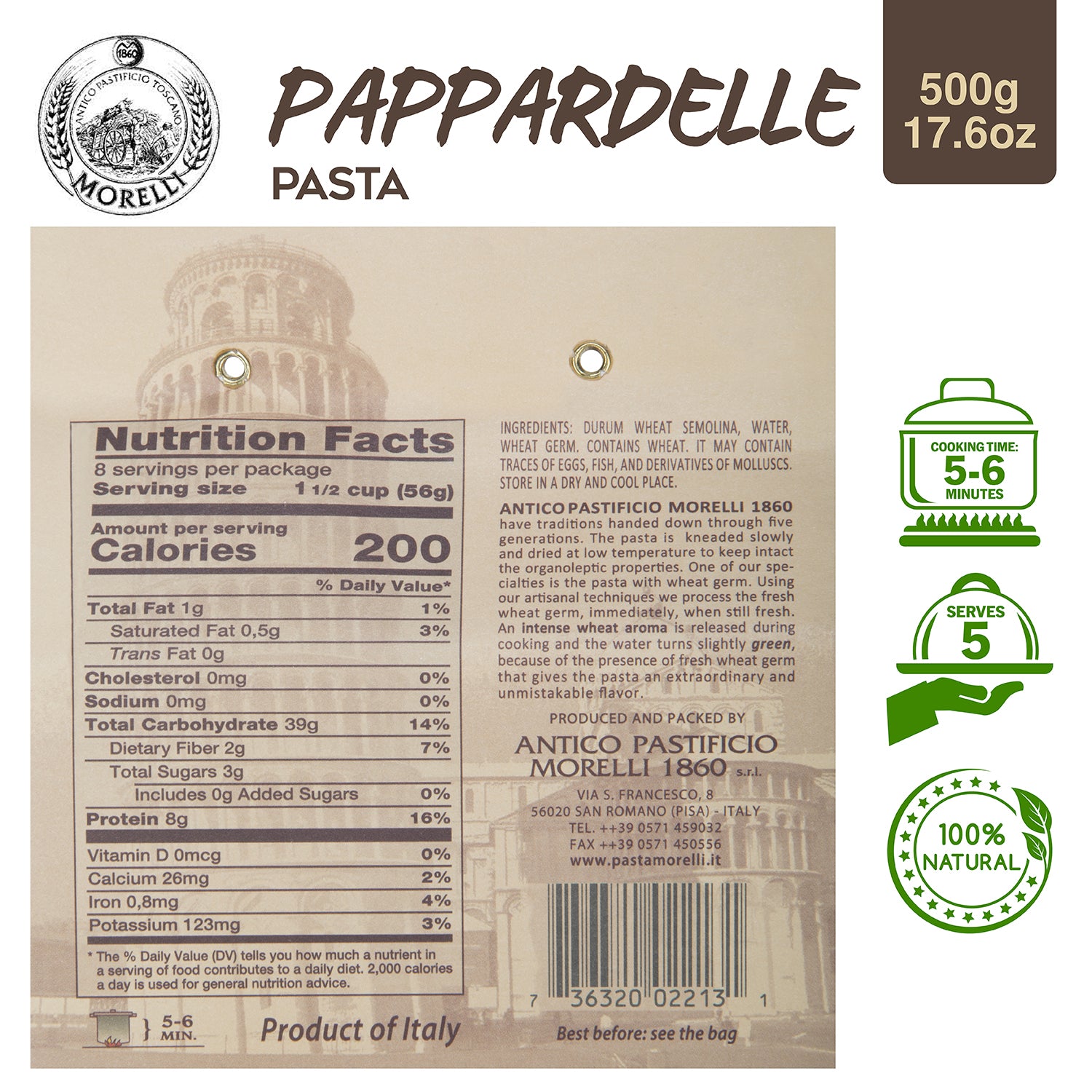 Pappardelle Pasta with Wheat Germ , 17.6oz (500g) Morelli Pasta